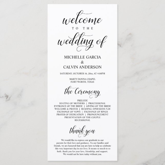 Elegant Classy, Black script, Wedding Ceremony Programme (Front)