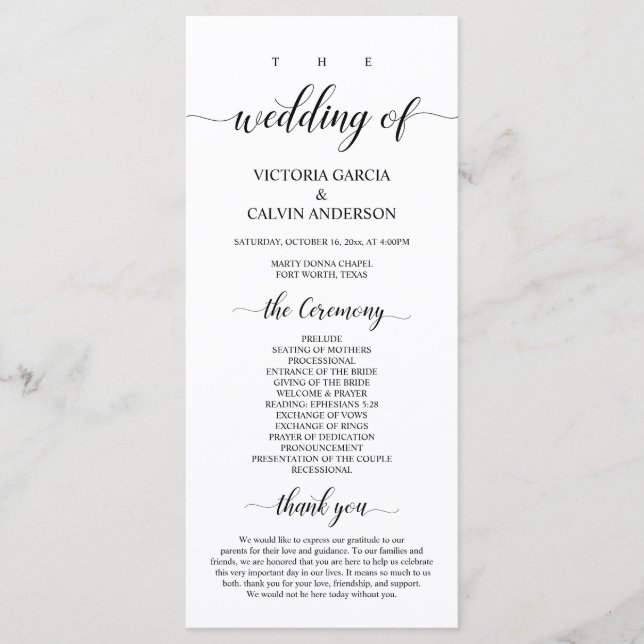 Elegant Classy, Black script, Wedding Ceremony Programme (Front)