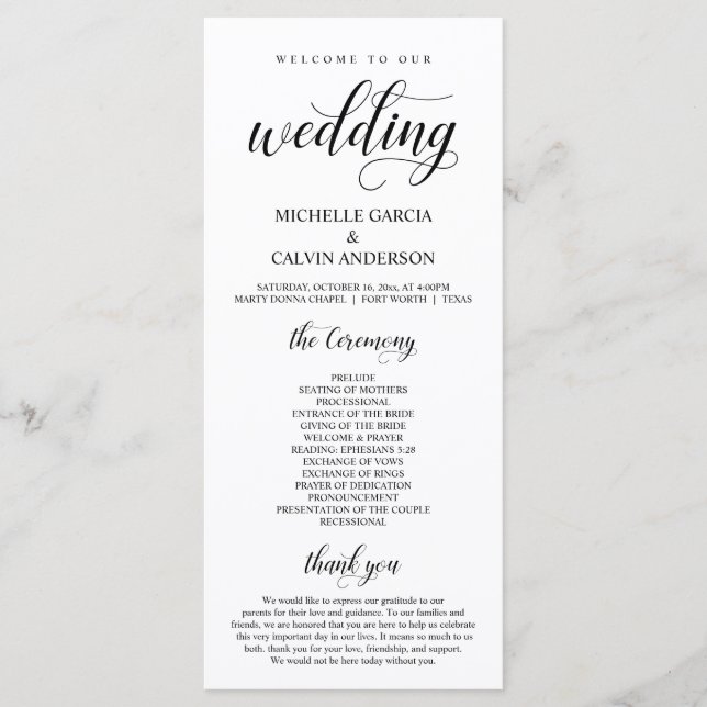 Elegant Classy, Black script, Wedding Ceremony Programme (Front)
