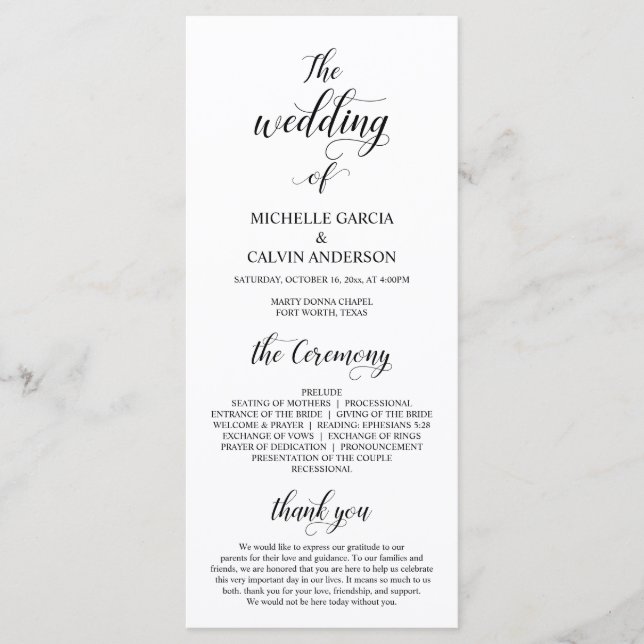 Elegant Classy, Black script, Wedding Ceremony Programme (Front)
