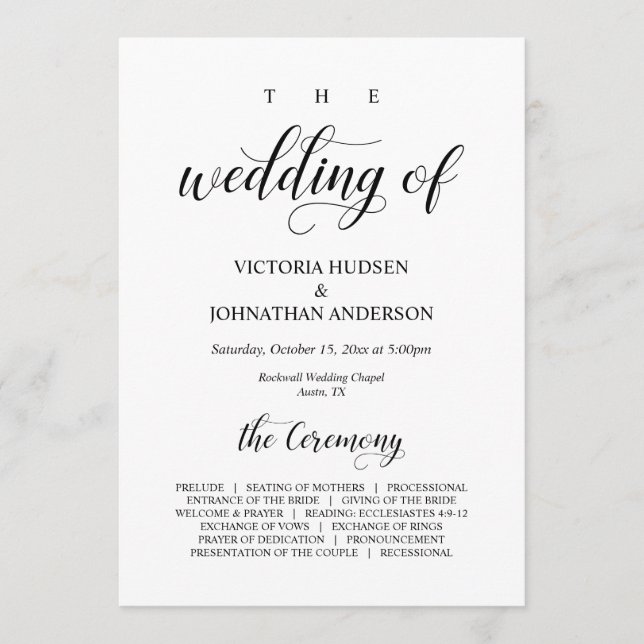 Elegant Classy, Black script, Wedding Ceremony Programme (Front)
