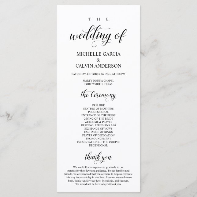 Elegant Classy, Black script, Wedding Ceremony Programme (Front)
