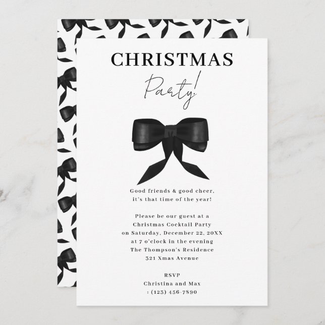Elegant Classy Black White Bow Christmas Party Invitation (Front/Back)