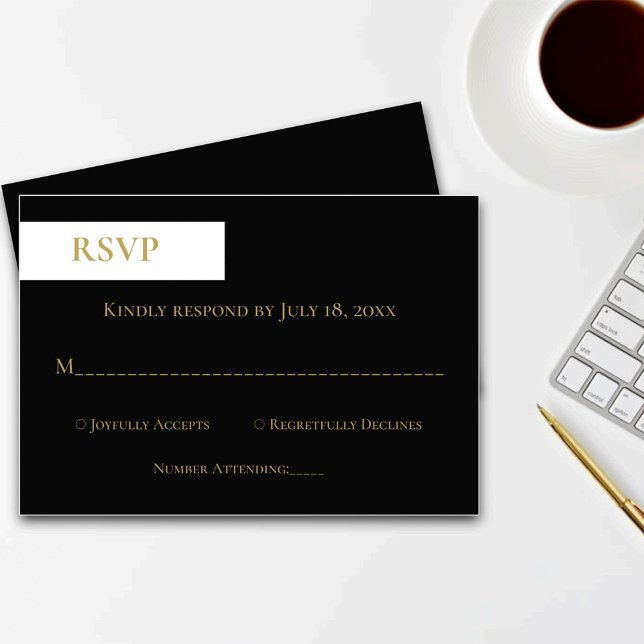 Elegant Classy Black White Gold Modern Wedding RSVP Card (Creator Uploaded)