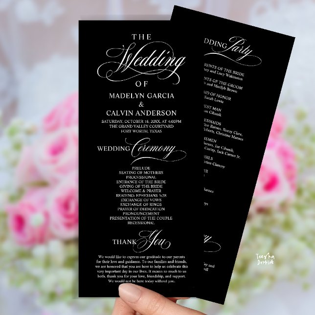 Elegant Classy Black White Wedding Ceremony Order Programme (Elegant Classy Gold Script Wedding Ceremony Order Program Card in Black and White)