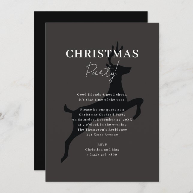 Elegant Classy Black Xmas Reindeer Christmas Party Invitation (Front/Back)