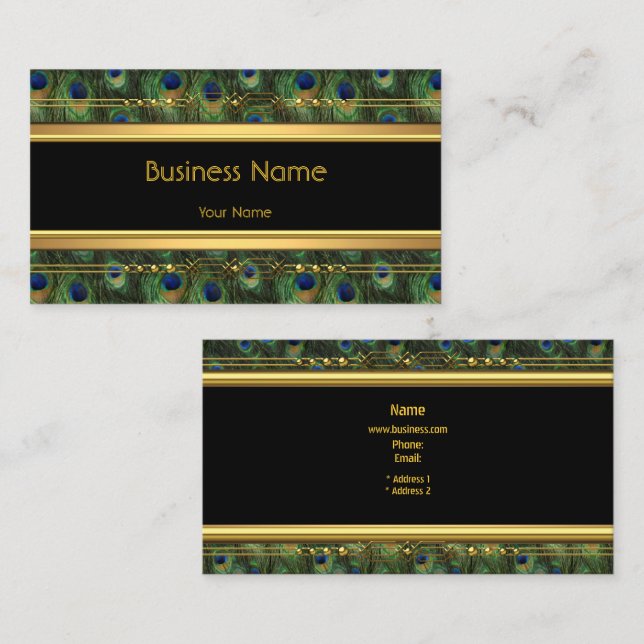 Elegant Classy Black Yellow Gold Peacock Blue Business Card (Front/Back)