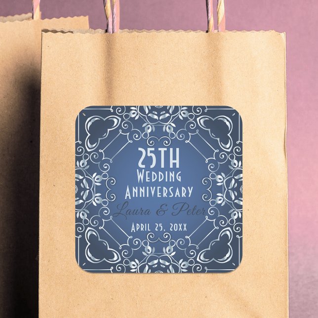 Elegant Classy Blue and Silver Wedding Anniversary Square Sticker (Creator Uploaded)