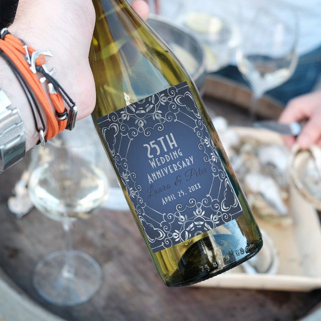 Elegant Classy Blue and Silver Wedding Anniversary Wine Label (Creator Uploaded)