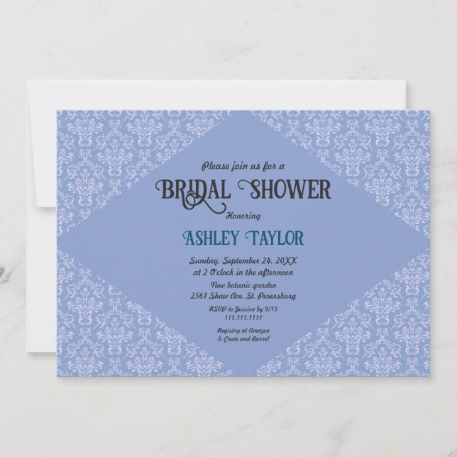 Elegant Classy Blue Damask Formal Bridal Shower Invitation (Front)