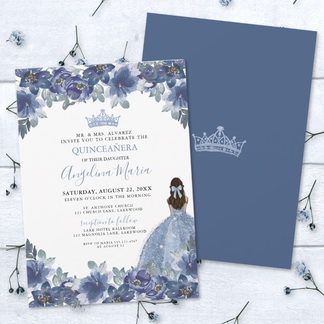 Elegant Classy Blue Quinceanera Invitation (Elegant Floral Blue Quinceanera Invitation)
