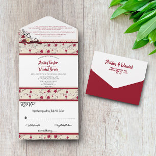 Elegant Classy Burgundy Glam Summer Floral Wedding All In One Invitation