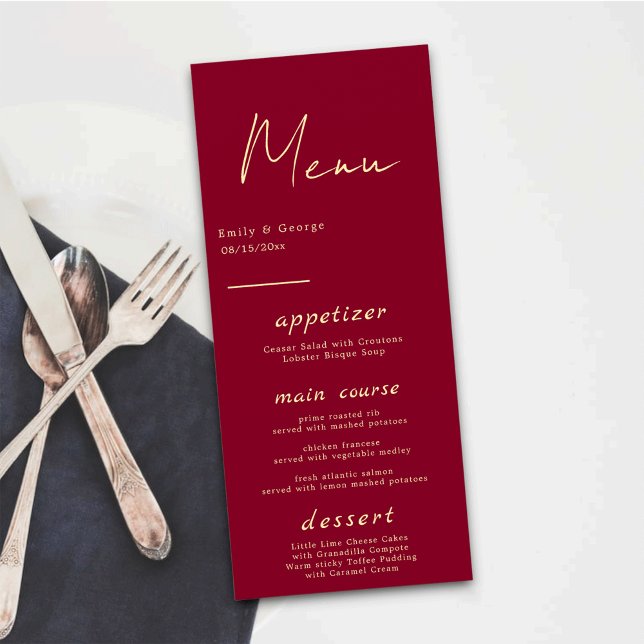 Elegant Classy Burgundy Gold Modern Chic Wedding Menu (Creator Uploaded)