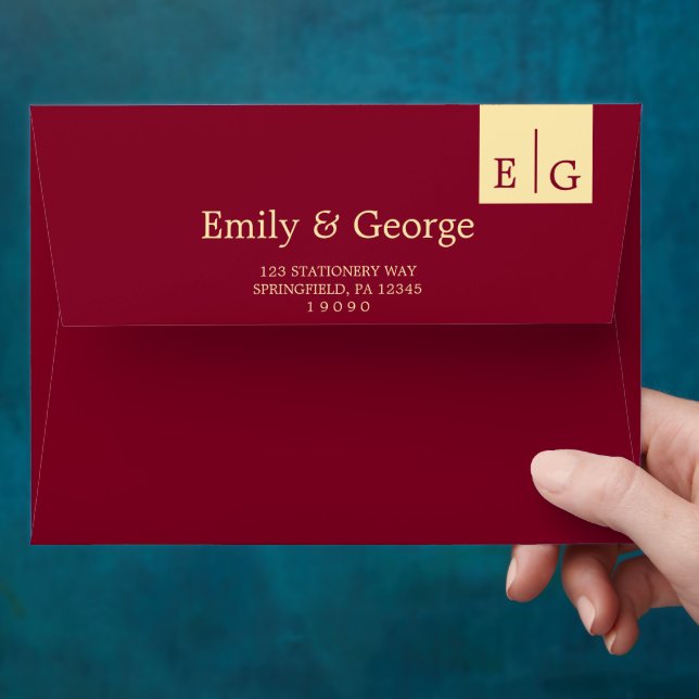 Elegant Classy Burgundy Gold Monogram Chic Wedding Envelope (Hand)