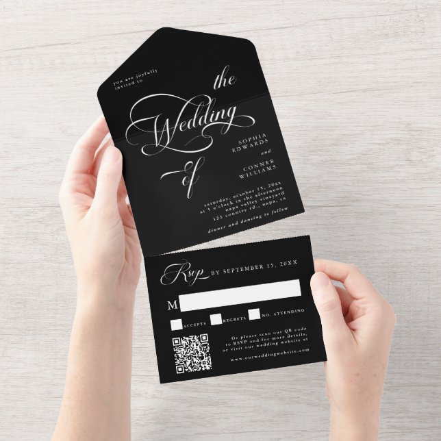 Elegant Classy Calligraphy Wedding Black All In One Invitation (Tearaway)
