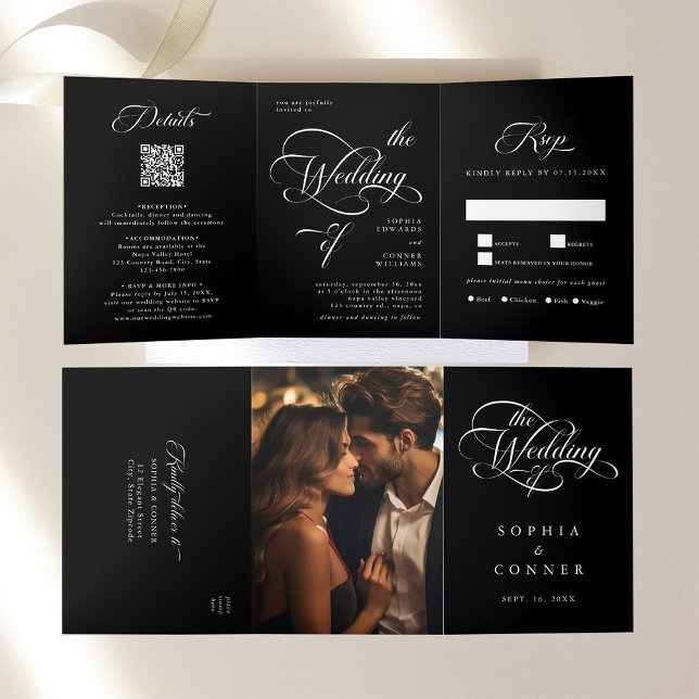 Elegant Classy Calligraphy Wedding Black Tri-Fold Invitation (Inside & Outside)
