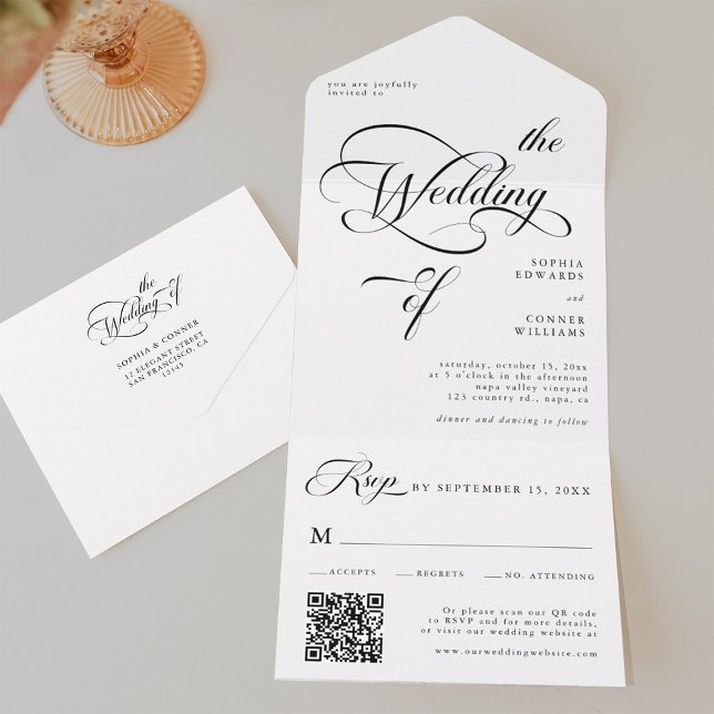 Elegant Classy Calligraphy Wedding Black & White All In One Invitation (Inside & Back)
