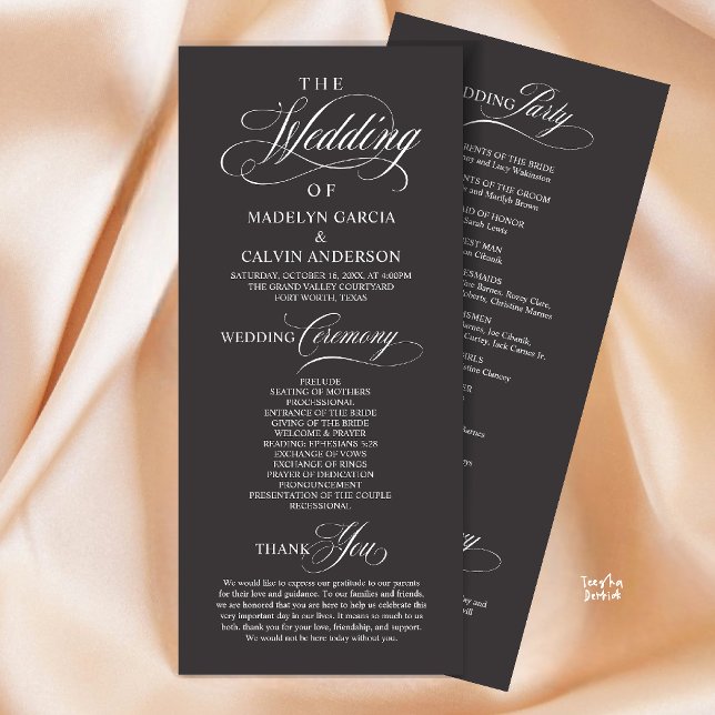 Elegant Classy Charcoal Wedding Ceremony Order Programme (Elegant Classy Gold Script Wedding Ceremony Order Program Card in Charcoal Grey)