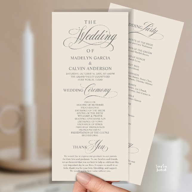 Elegant Classy Cream Grey Wedding Ceremony Order Programme (Elegant Classy Gold Script Wedding Ceremony Order Program Card in Cream Grey)