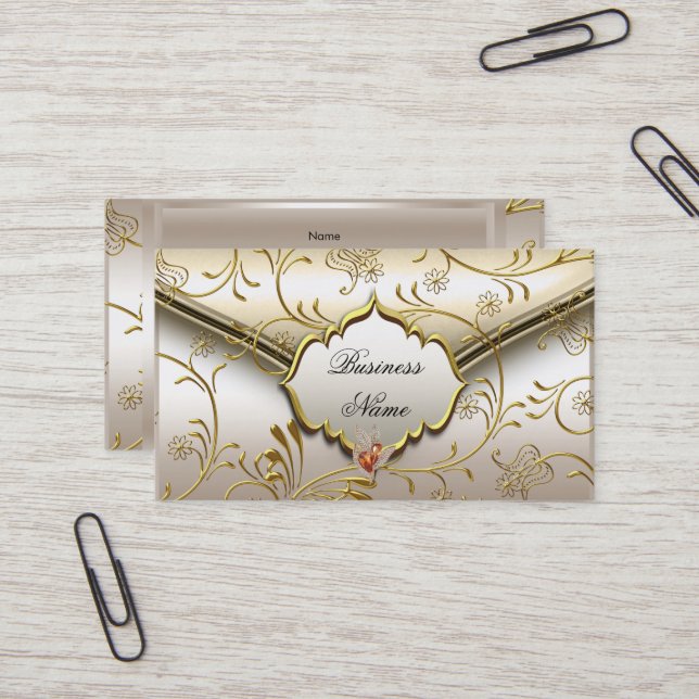 Elegant Classy Damask Caramel Cream Beige Gold Business Card (Front/Back In Situ)