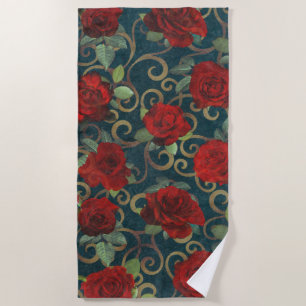 Elegant Classy Damask Vintage Chic Teal Red Roses Beach Towel