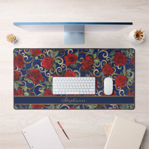   Elegant Classy Damask Vintage Red Rose Navy Blue Desk Mat