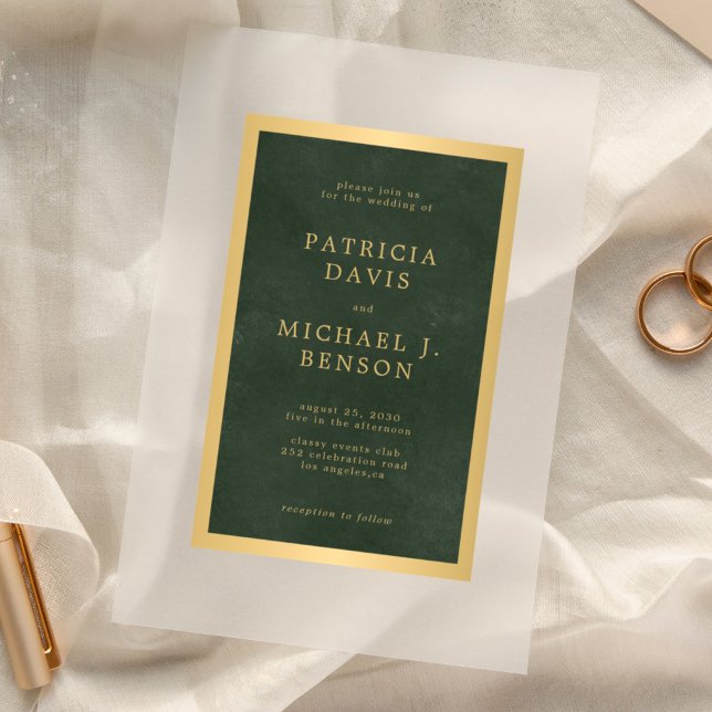 Elegant classy dark green gold frame wedding acrylic invitations (Creator Uploaded)