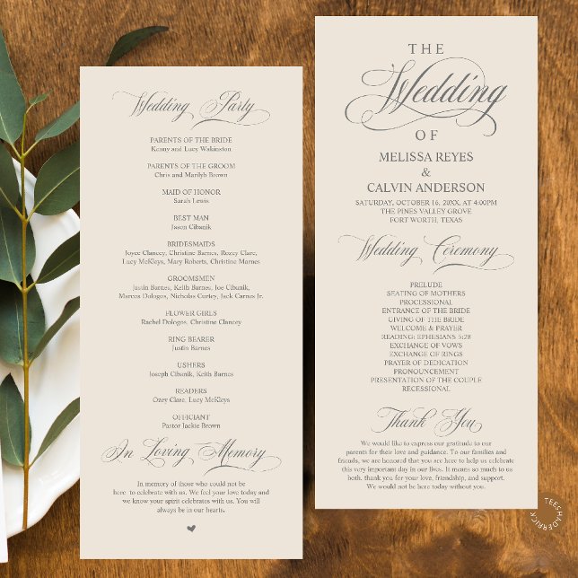 Elegant Classy Dark Grey Cream Script Wedding Programme (Elegant Classy Dark Grey Cream Script Wedding Program Card)