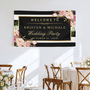 Elegant Classy Floral Black Stripes Wedding Party Banner