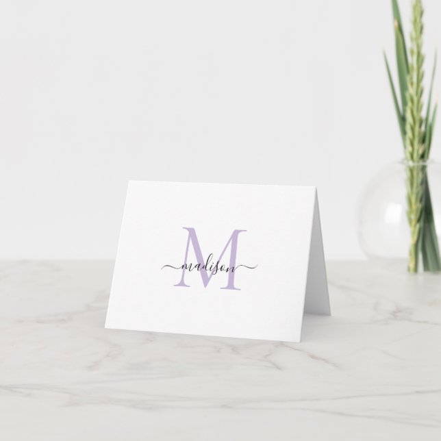Elegant Classy Girly Script Monogram Purple Pastel Note Card (Front)