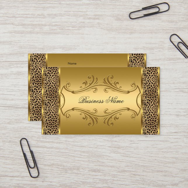 Elegant Classy Gold Black Leopard animal print Business Card (Front/Back In Situ)