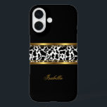 Elegant Classy Gold Black White Cow iPhone 16 Case<br><div class="desc">Elegant Classy Gold Black White Cow. Add Name Initials Glitter (Be advised that image will appear darker on Case)  Fabulous product for Women,  Girls,   Zizzago created this design PLEASE NOTE all flat images! They Do NOT have real Glitter,  Diamonds Jewels or real Bows!!</div>