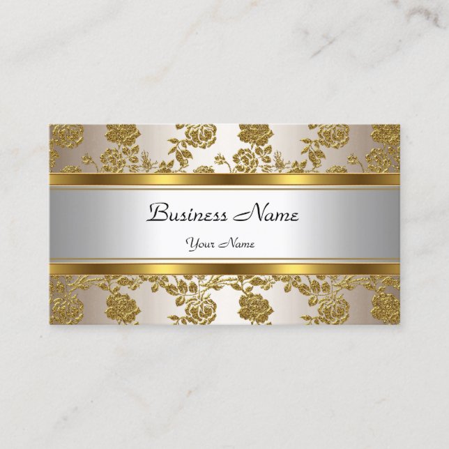 Elegant Classy Gold Cream Floral Business Card (Front)