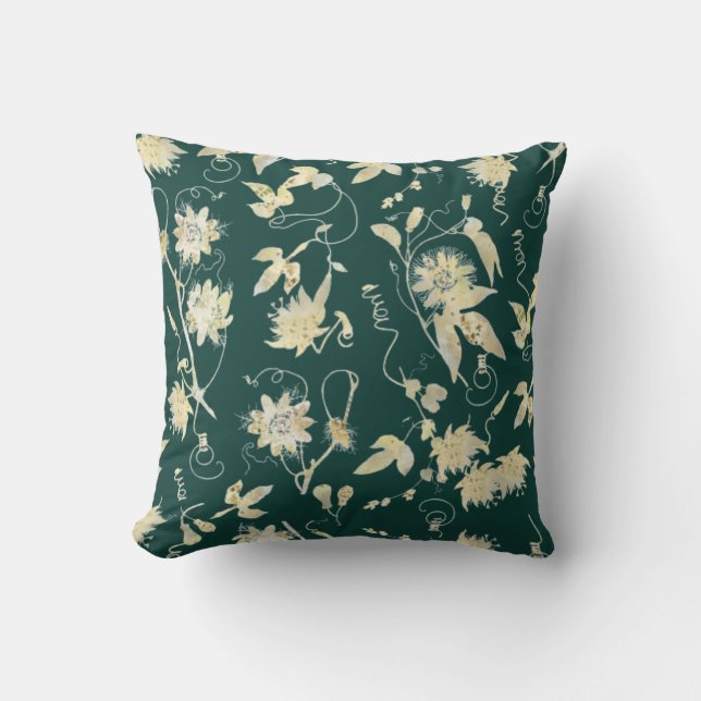 Elegant Classy Gold Passion Flowers Emerald Green Cushion (Front)