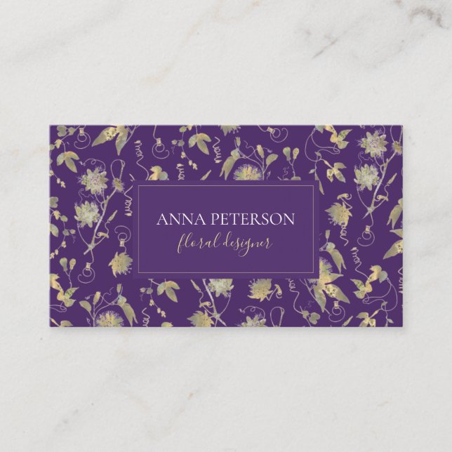 Elegant Classy Gold Passionflowers Vine on Purple Business Card (Front)
