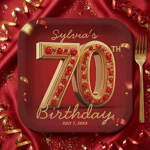 Elegant Classy Gold Red Jewel Style 70th Birthday  Paper Plate