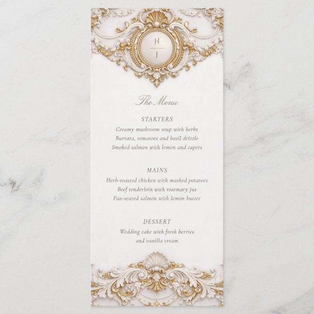 Elegant Classy Gold & White Baroque Frame Wedding Menu (Front)