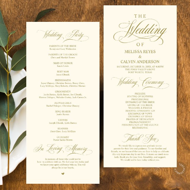 Elegant Classy Gold Yellow Cream Script Wedding Programme (Elegant Classy Gold Yellow Cream Script Wedding Program Card)