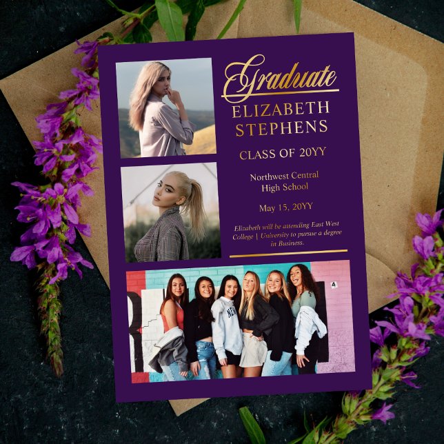Elegant Classy Graduate Purple Graduation 3 Photo (Classy and Elegant Script Text "Graduate" 3-Photo Gold Foil and Purple Graduation Announcement)