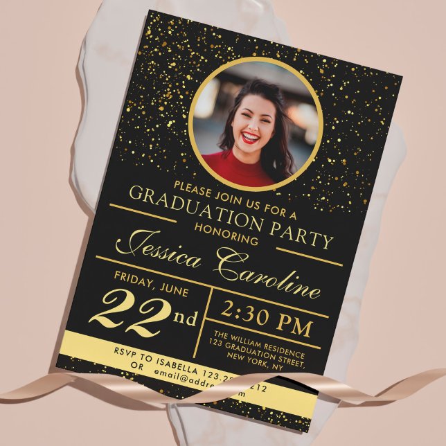 Elegant Classy Graduation Golden sparkles 2 Photos Invitation (Creator Uploaded)