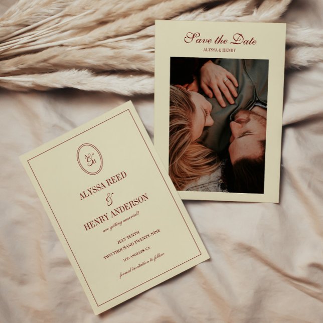 Elegant Classy Ivory Monogram Script Wedding Photo Save The Date (Creator Uploaded)
