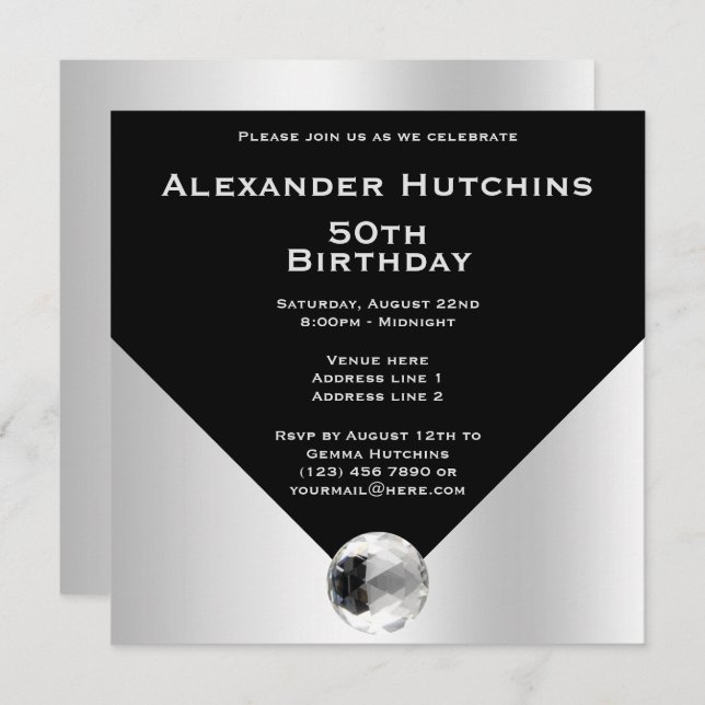 Elegant Classy Masculine Black & Silver Birthday Invitation (Front/Back)