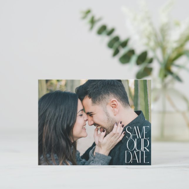 Elegant Classy Modern Photo Overlay Save the Date Postcard (Standing Front)