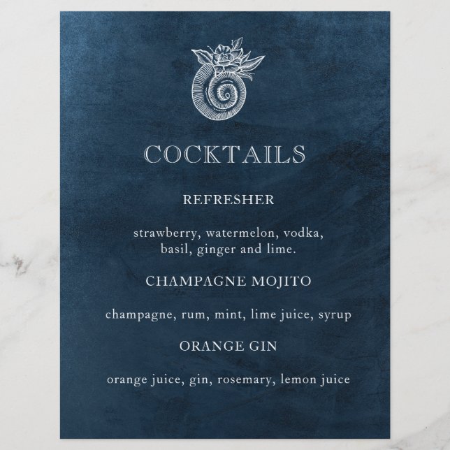Elegant Classy Navy Beach Wedding Cocktail Menu (Front)