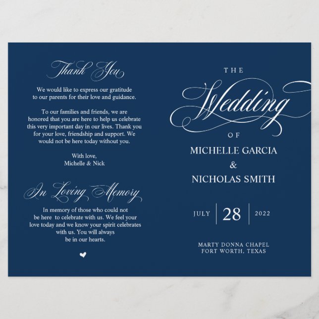 Elegant Classy Navy Blue, Foldable Wedding Program (Front)