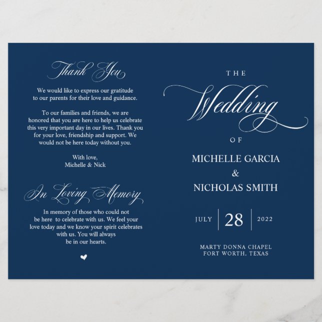 Elegant Classy Navy Blue, Foldable Wedding Program (Front)