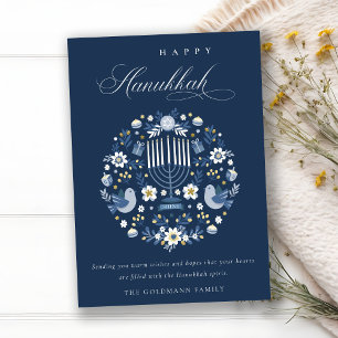 Elegant Classy Navy Blue Happy Hanukkah Floral Holiday Card