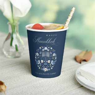 Elegant Classy Navy Blue Happy Hanukkah Floral Paper Cups