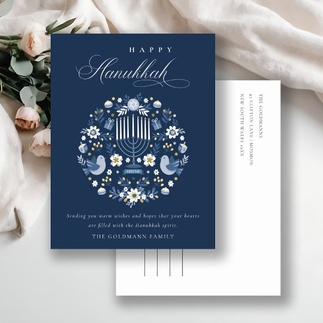 Elegant Classy Navy Blue Happy Hanukkah Floral  Postcard (Creator Uploaded)