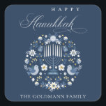 Elegant Classy Navy Blue Happy Hanukkah Floral Square Sticker<br><div class="desc">If you need any further customisation please feel free to message me on yellowfebstudio@gmail.com.</div>